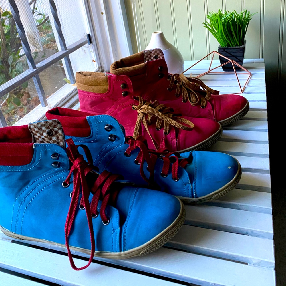 Pair of blue and red high tops
